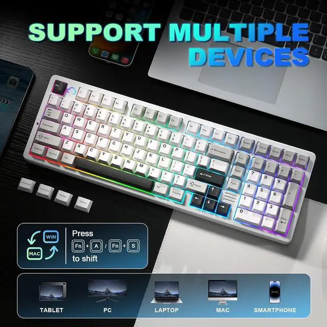 Alt view image 7 of 7 - YUNZII AL98 QMK/VIA Wireless Mechanical Gaming Keyboard,Full Aluminum,BT/2.4G/USB-C, Pre-Lubed Hot Swappable Gasket Mount 1800 Layout,RGB Backlit for Win/Mac (White, Cocoa Cream V2 Switch)