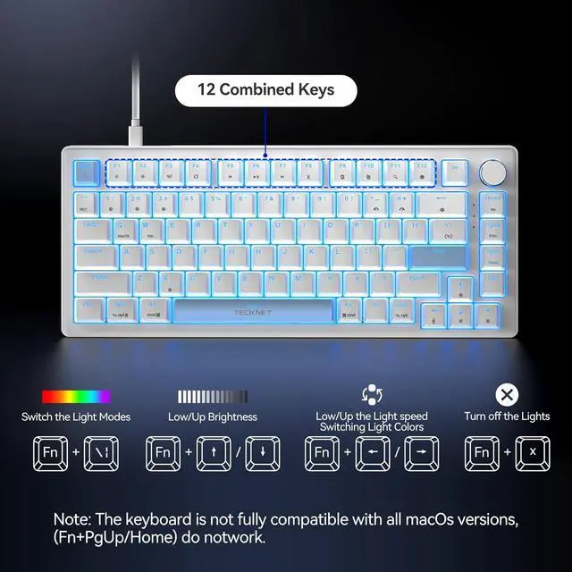 Alt view image 3 of 7 - TECKNET Wired Gaming Keyboard, RGB Backlit Keyboards with Gasket Structure, USB C Mechanical Keyboard has 20 Lighting Effects & Multimedia Control Knob, Computer Keyboards for PC Laptop Mac Gamer