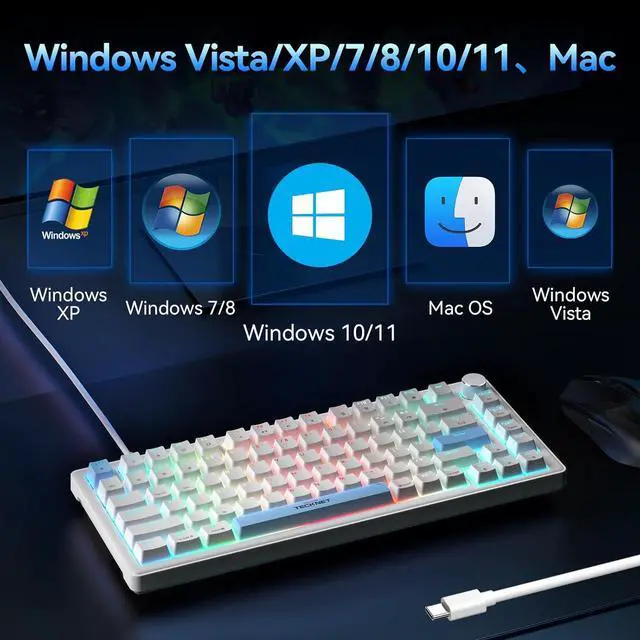Alt view image 7 of 7 - TECKNET Wired Gaming Keyboard, RGB Backlit Keyboards with Gasket Structure, USB C Mechanical Keyboard has 20 Lighting Effects & Multimedia Control Knob, Computer Keyboards for PC Laptop Mac Gamer