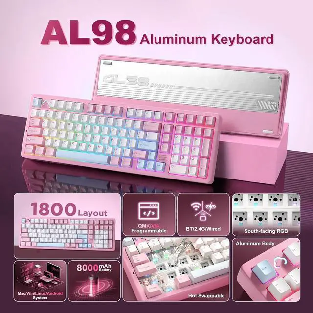 Alt view image 2 of 7 - YUNZII AL98 QMK/VIA Wireless Mechanical Gaming Keyboard,Full Aluminum,BT/2.4G/USB-C, Pre-Lubed Hot Swappable Gasket Mount 1800 Layout,RGB Backlit for Win/Mac (Pink, Cocoa Cream V2 Switch)