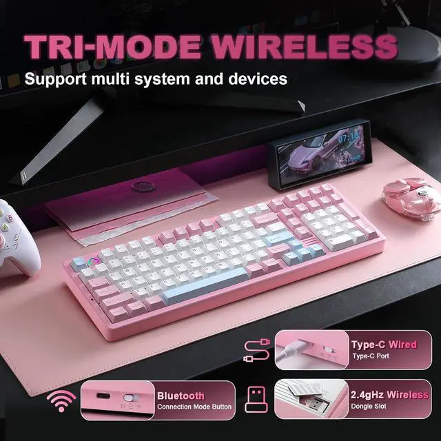 Alt view image 3 of 7 - YUNZII AL98 QMK/VIA Wireless Mechanical Gaming Keyboard,Full Aluminum,BT/2.4G/USB-C, Pre-Lubed Hot Swappable Gasket Mount 1800 Layout,RGB Backlit for Win/Mac (Pink, Cocoa Cream V2 Switch)