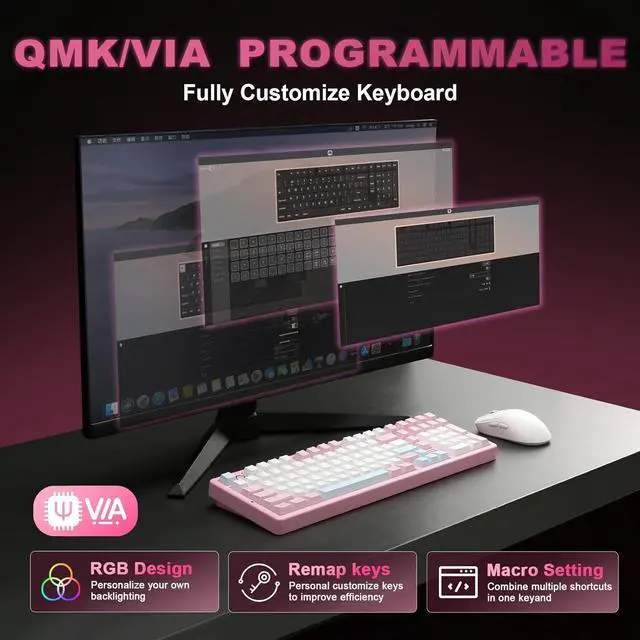 Alt view image 4 of 7 - YUNZII AL98 QMK/VIA Wireless Mechanical Gaming Keyboard,Full Aluminum,BT/2.4G/USB-C, Pre-Lubed Hot Swappable Gasket Mount 1800 Layout,RGB Backlit for Win/Mac (Pink, Cocoa Cream V2 Switch)