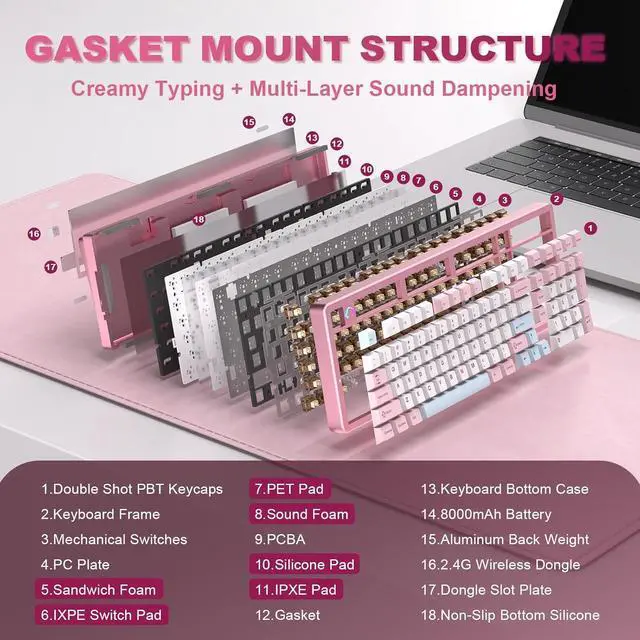 Alt view image 5 of 7 - YUNZII AL98 QMK/VIA Wireless Mechanical Gaming Keyboard,Full Aluminum,BT/2.4G/USB-C, Pre-Lubed Hot Swappable Gasket Mount 1800 Layout,RGB Backlit for Win/Mac (Pink, Cocoa Cream V2 Switch)