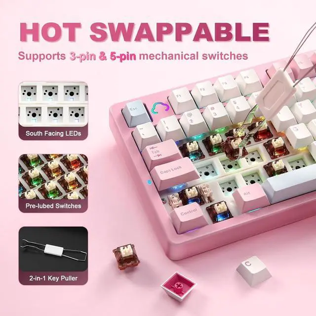 Alt view image 6 of 7 - YUNZII AL98 QMK/VIA Wireless Mechanical Gaming Keyboard,Full Aluminum,BT/2.4G/USB-C, Pre-Lubed Hot Swappable Gasket Mount 1800 Layout,RGB Backlit for Win/Mac (Pink, Cocoa Cream V2 Switch)