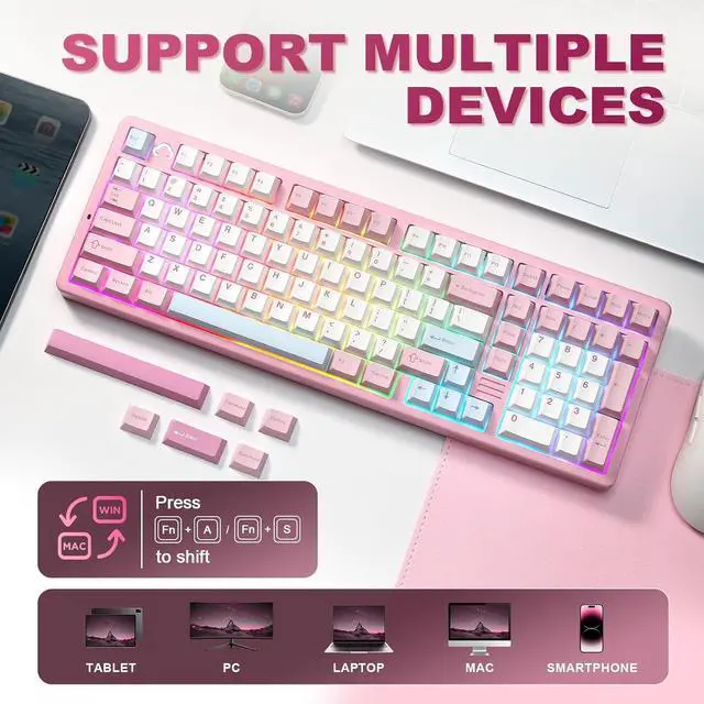 Alt view image 7 of 7 - YUNZII AL98 QMK/VIA Wireless Mechanical Gaming Keyboard,Full Aluminum,BT/2.4G/USB-C, Pre-Lubed Hot Swappable Gasket Mount 1800 Layout,RGB Backlit for Win/Mac (Pink, Cocoa Cream V2 Switch)