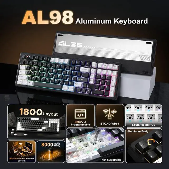 Alt view image 2 of 7 - YUNZII AL98 QMK/VIA Wireless Mechanical Gaming Keyboard,Full Aluminum,BT/2.4G/USB-C, Pre-Lubed Hot Swappable Gasket Mount 1800 Layout,RGB Backlit for Win/Mac (Black, Milk Switch)