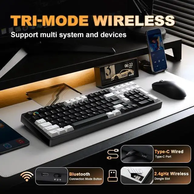 Alt view image 3 of 7 - YUNZII AL98 QMK/VIA Wireless Mechanical Gaming Keyboard,Full Aluminum,BT/2.4G/USB-C, Pre-Lubed Hot Swappable Gasket Mount 1800 Layout,RGB Backlit for Win/Mac (Black, Milk Switch)