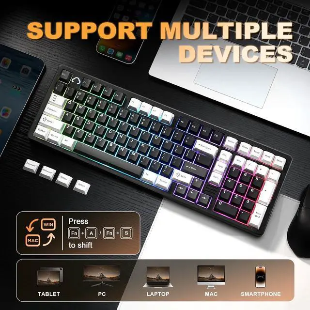 Alt view image 7 of 7 - YUNZII AL98 QMK/VIA Wireless Mechanical Gaming Keyboard,Full Aluminum,BT/2.4G/USB-C, Pre-Lubed Hot Swappable Gasket Mount 1800 Layout,RGB Backlit for Win/Mac (Black, Milk Switch)