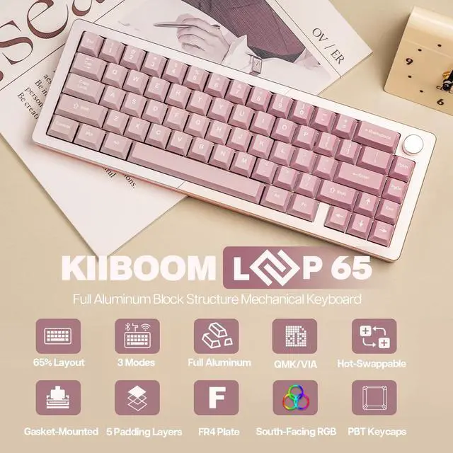 Alt view image 2 of 7 - KiiBoom Loop 65 65% Full Aluminum Block Structure Mechanical Keyboard, QMK/VIA Programmable, BT5.0/2.4GHz/USB-C Wireless Gaming Keyboard, Gasket, FR4 Plate, RGB for Win/Mac (Pink Purple)
