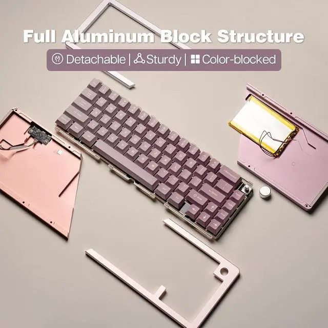 Alt view image 3 of 7 - KiiBoom Loop 65 65% Full Aluminum Block Structure Mechanical Keyboard, QMK/VIA Programmable, BT5.0/2.4GHz/USB-C Wireless Gaming Keyboard, Gasket, FR4 Plate, RGB for Win/Mac (Pink Purple)