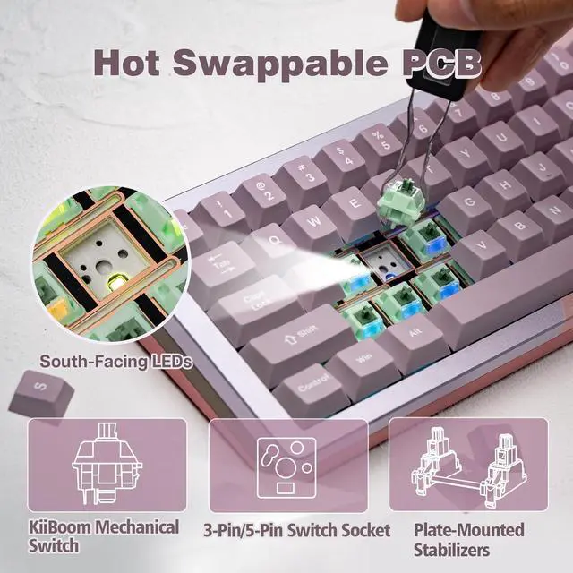 Alt view image 6 of 7 - KiiBoom Loop 65 65% Full Aluminum Block Structure Mechanical Keyboard, QMK/VIA Programmable, BT5.0/2.4GHz/USB-C Wireless Gaming Keyboard, Gasket, FR4 Plate, RGB for Win/Mac (Pink Purple)