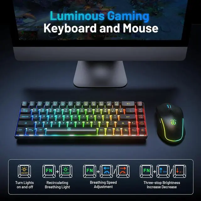 Alt view image 3 of 7 - Snpurdiri 60% Wireless Gaming Keyboard and Mouse Combo,LED Backlit Rechargeable 2000mAh Battery,Small Membrane But Mechanical Feel Keyboard + Popular RGB Mice for Gaming,Business Office
