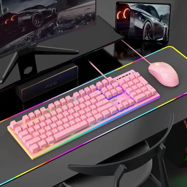Alt view image 6 of 7 - MageGee GT838 Gaming Keyboard and Mouse Combo, 104 Keys RGB Backlit Quiet Wired Keyboards for Laptop PC MAC, with Number Pad, Metal Panel, Anti-Ghosting, Pink