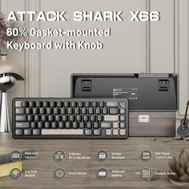 Alt view image 2 of 7 - ATTACK SHARK X66 60% Wireless Mechanical Gaming Keyboard with Volume Knob, Gasket Hot Swappable Custom Keyboard, PBT Keycaps, Tri-Mode USB-C/BT5.0/2.4G RGB with Coiled Cable - Star Black