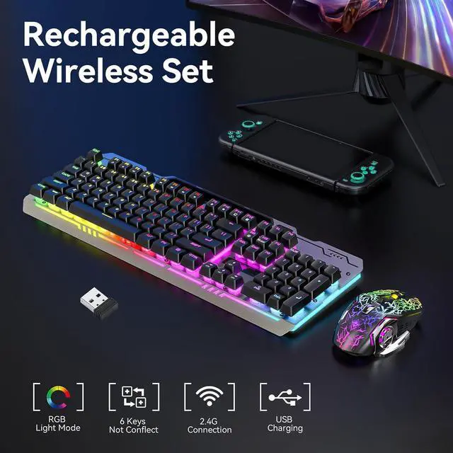 Alt view image 3 of 6 - Wireless Gaming Keyboard and Mouse Combo, RGB Backlit Rechargeable 2000 mAh Battery, Mechanical Feel Anti-ghosting Keyboard + 6D 4800DPI Mice for PC Gamer