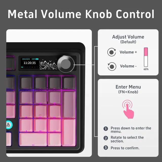 Alt view image 6 of 7 - NACODEX Ajazz AK980 Pink Gaming Machanical Keyboard Gift Switch Full Size RGB Gasket Mount 8000mAh Triple Modes Custom Keyboard with Five Layer Pad | Knob Control