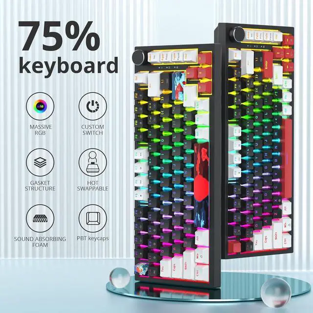 Alt view image 2 of 6 - Guffercty kred 75% Gasket Mounted Gaming Keyboard Hot Swappable, 82 Key RGB Backlit Wired TKL Mechanical Keyboard with Knob & Programmable Macros, Custom Linear Switch for MAC Win (82 Black)