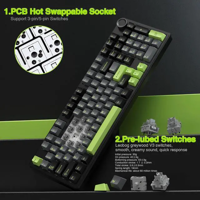 Alt view image 7 of 7 - AULA F99 Pro Wireless Mechanical Keyboard with Knob,Creamy Sound,Tri-Mode BT5.0/USB-C/2.4GHz Hot Swappable Keyboard,Gasket Structure,RGB Backlit Computer Gaming Keyboards