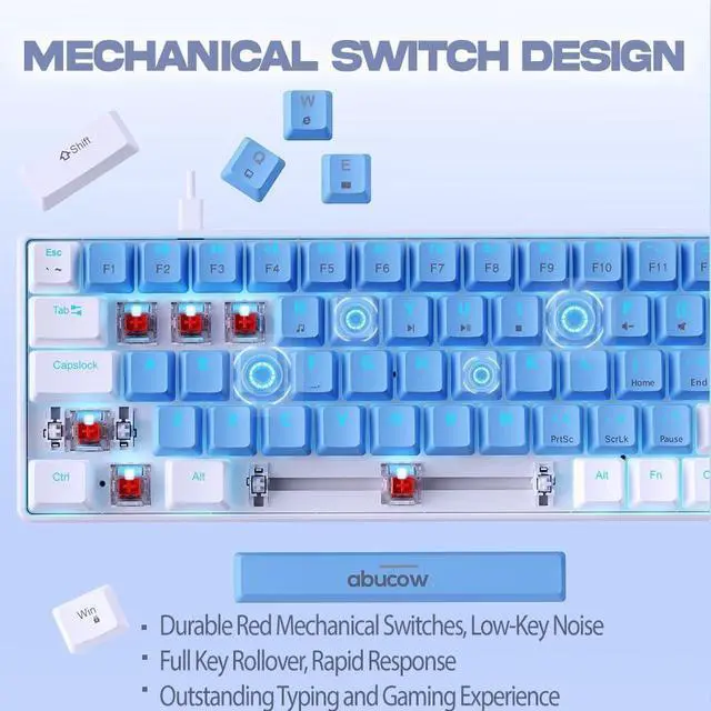 Alt view image 2 of 6 - abucow 60% Mechanical Gaming Keyboard, Red Switch Wired Compact Keyboard with Blue Backlight, Swappable Blue White Keycaps, for Windows/Mac
