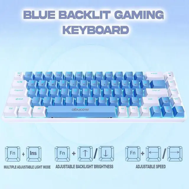 Alt view image 3 of 6 - abucow 60% Mechanical Gaming Keyboard, Red Switch Wired Compact Keyboard with Blue Backlight, Swappable Blue White Keycaps, for Windows/Mac