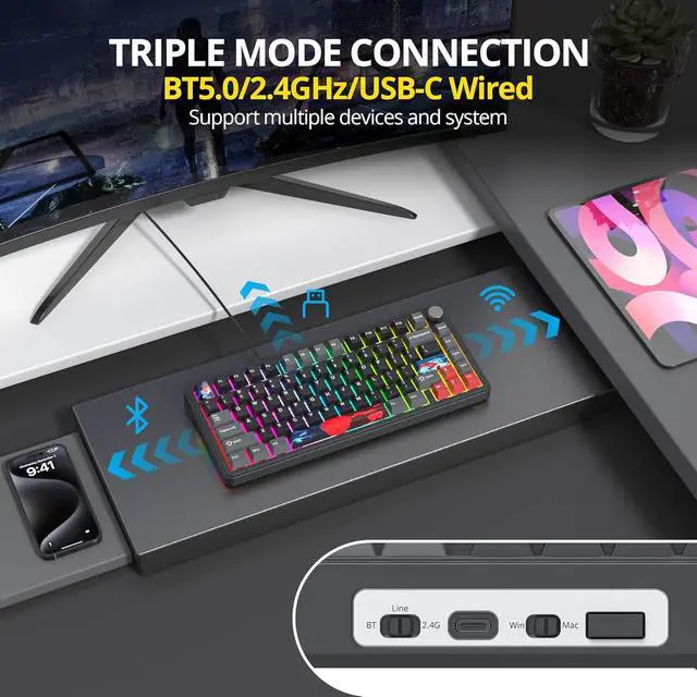 Alt view image 2 of 6 - surmen M75 75% Wireless Creamy Keyboard with Gasket, Pre-lubed Triple Mode Bluetooth Mechanical Gaming Keyboard BT5.0/2.4Ghz/USB with Sound Absorbing Pads Hot-Swap(Shadow Red)