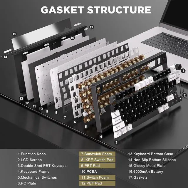 Alt view image 5 of 7 - YUNZII AL80 Wireless Mechanical Keyboard,Full Aluminum CNC, Smart LCD Display,Hot Swappable Gasket Mount 75% Layout with Knob,BT/2.4G/USB-C,QMK/VIA Support for Win/Mac (Black, Cocoa Cream V2 Switch)