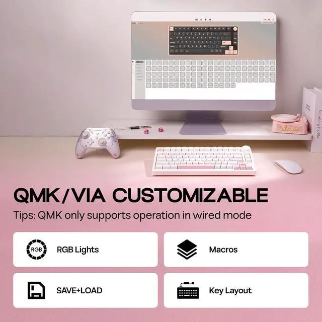 Alt view image 4 of 7 - EPOMAKER QK81 75% Wireless Mechanical Gaming Keyboard, QMK/VIA Programmable and Hot-Swappable, 81 Keys with Metal Knob, 2.4Ghz/BT/USB, Creamy Gasket-Mount, RGB Backlight (White, Flamingo Switch)