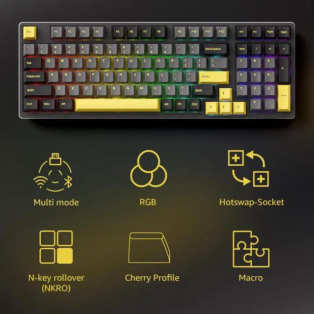 Alt view image 2 of 7 - Akko 3098B Hot-swappable Mechanical Keyboard with RGB Backlight, PBT Keycaps, Black&Gold Creamy Gaming Keyboard with Number Pad Software for Mac & Win