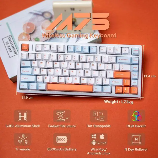 Alt view image 2 of 7 - EPOMAKER Aula M75 Wireless Gaming Keyboard with 8000mAh Battery, 75% CNC Aluminum Mechanical Keyboard, Hot Swappable Creamy Keyboard, RGB Backlight, NKRO for Games/Office (Blue&White&Orange)