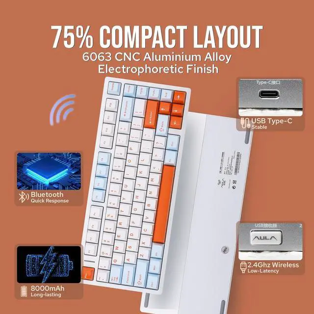 Alt view image 3 of 7 - EPOMAKER Aula M75 Wireless Gaming Keyboard with 8000mAh Battery, 75% CNC Aluminum Mechanical Keyboard, Hot Swappable Creamy Keyboard, RGB Backlight, NKRO for Games/Office (Blue&White&Orange)
