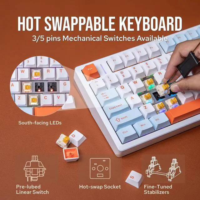 Alt view image 4 of 7 - EPOMAKER Aula M75 Wireless Gaming Keyboard with 8000mAh Battery, 75% CNC Aluminum Mechanical Keyboard, Hot Swappable Creamy Keyboard, RGB Backlight, NKRO for Games/Office (Blue&White&Orange)