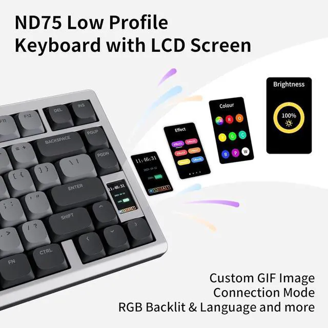 Alt view image 3 of 7 - Chilkey ND75 LP Low Profile Keyboard: 75 Percent Wireless Aluminum Mechanical Gaming Keyboard w/Screen, Tri-Mode, Quick Disassembly, RGB Backlit Key Board for Laptop Office PC (Silver)