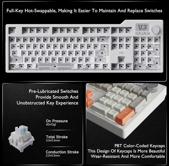 Alt view image 7 of 7 - NACODEX AK35I V3 104-Key Full Size Wired Gasket Mount Gaming Keyboard with Multimedia Buttons & Knob Control | Five Layer Pad | OEM Profile PBT Keycaps | White Backlit Custom Keyboard