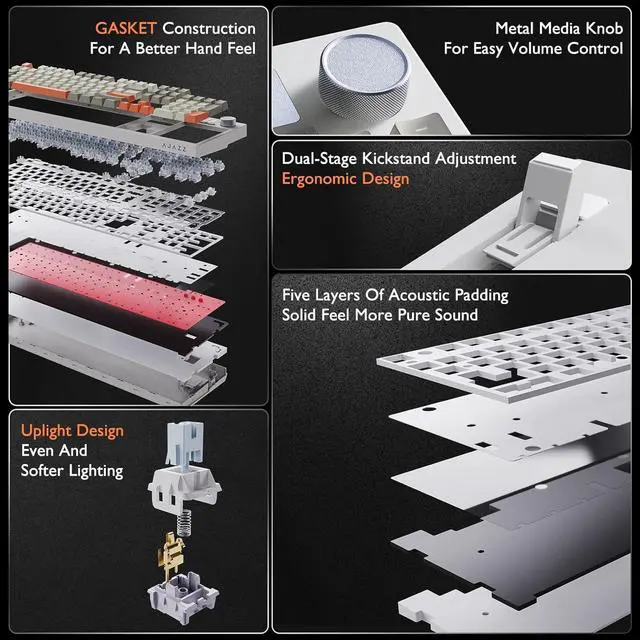 Alt view image 6 of 7 - NACODEX AK35I V3 104-Key Full Size Wired Gasket Mount Gaming Keyboard with Multimedia Buttons & Knob Control | Five Layer Pad | OEM Profile PBT Keycaps | White Backlit Custom Keyboard