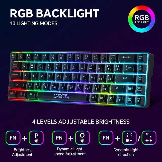 Alt view image 3 of 7 - CHONCHOW 60% Gaming Keyboard and Mouse Combo, 68 Keys Wired LED RGB Backlit Black Gaming Keyboard and RGB Backlit Mouse, Small Light up Keyboard for PC Xbox PS4 (Black)