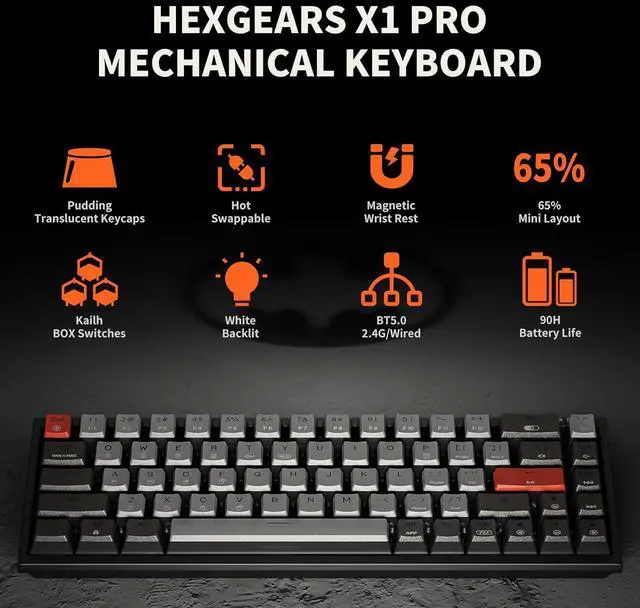 Alt view image 2 of 7 - Hexgears X1 Pro Wireless Mechanica Keyboard, Hot-swappable Tactile Switch Gaming Keyboard Bluetooth/2.4G/USB-C 65% Mini Compact with Wrist Rest - Blakc/Gray