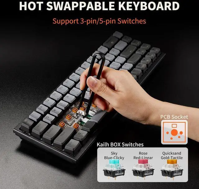 Alt view image 3 of 7 - Hexgears X1 Pro Wireless Mechanica Keyboard, Hot-swappable Tactile Switch Gaming Keyboard Bluetooth/2.4G/USB-C 65% Mini Compact with Wrist Rest - Blakc/Gray