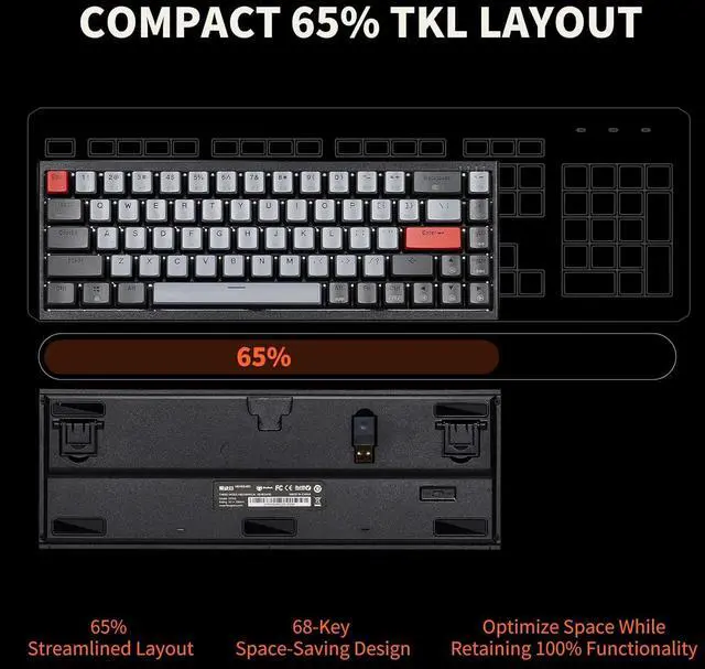 Alt view image 6 of 7 - Hexgears X1 Pro Wireless Mechanica Keyboard, Hot-swappable Tactile Switch Gaming Keyboard Bluetooth/2.4G/USB-C 65% Mini Compact with Wrist Rest - Blakc/Gray