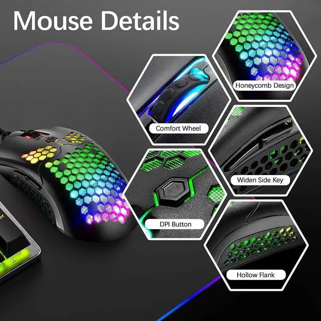 Alt view image 6 of 7 - Gaming Keyboard and Mouse and Mouse Pad,Wired Green Backlit Mechanical Keyboard,Superlight RGB Gaming Mouse,12000DPI Optical Sensor,6 Programmable Buttons Mice for PC Gamers