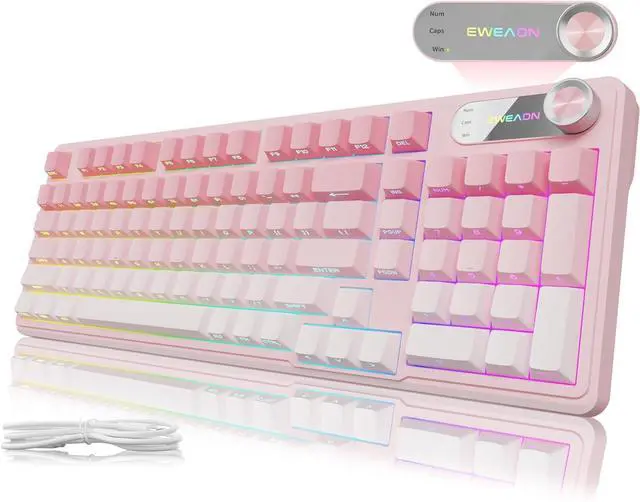 Main image of V102 Wired Keyboard, 98 Keys Creamy Gaming Keyboard with Number Pad, Display Screen & Media Knob RGB Silent Wired Cute Computer Keyboard for Laptop PC Gamer - Gradient Pink