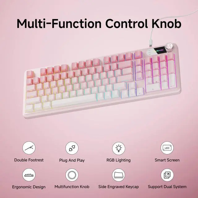 Alt view image 2 of 7 - V102 Wired Keyboard, 98 Keys Creamy Gaming Keyboard with Number Pad, Display Screen & Media Knob RGB Silent Wired Cute Computer Keyboard for Laptop PC Gamer - Gradient Pink