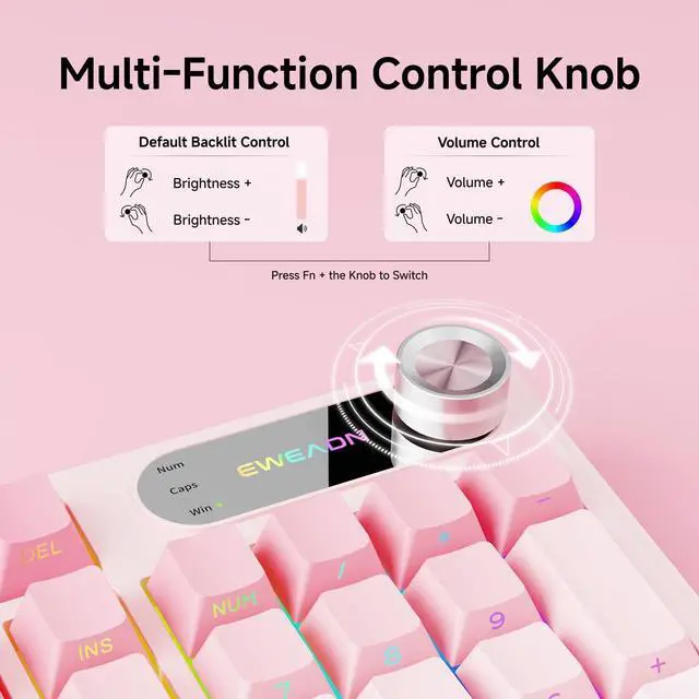 Alt view image 3 of 7 - V102 Wired Keyboard, 98 Keys Creamy Gaming Keyboard with Number Pad, Display Screen & Media Knob RGB Silent Wired Cute Computer Keyboard for Laptop PC Gamer - Gradient Pink