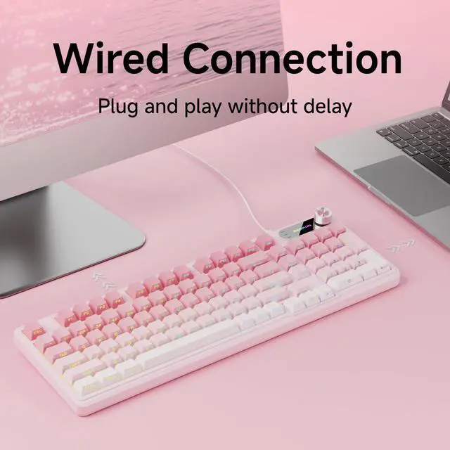 Alt view image 5 of 7 - V102 Wired Keyboard, 98 Keys Creamy Gaming Keyboard with Number Pad, Display Screen & Media Knob RGB Silent Wired Cute Computer Keyboard for Laptop PC Gamer - Gradient Pink