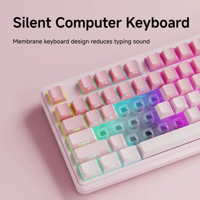 Alt view image 6 of 7 - V102 Wired Keyboard, 98 Keys Creamy Gaming Keyboard with Number Pad, Display Screen & Media Knob RGB Silent Wired Cute Computer Keyboard for Laptop PC Gamer - Gradient Pink