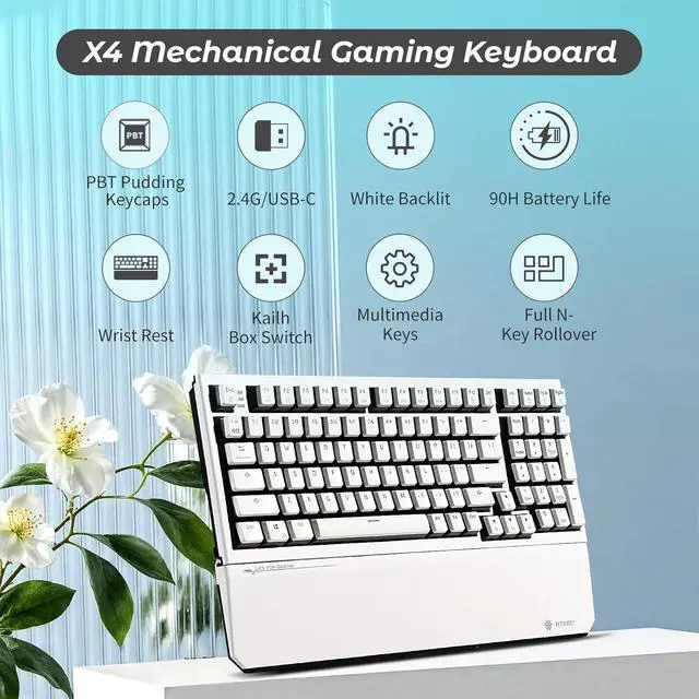 Alt view image 2 of 7 - Hexgears X4 Wireless Mechanica Keyboard, 99-Key Linear Switch White Backlit Gaming Keyboard - NKRO 2.4G/USB-C with Wrist Rest, Pudding Keycaps-White