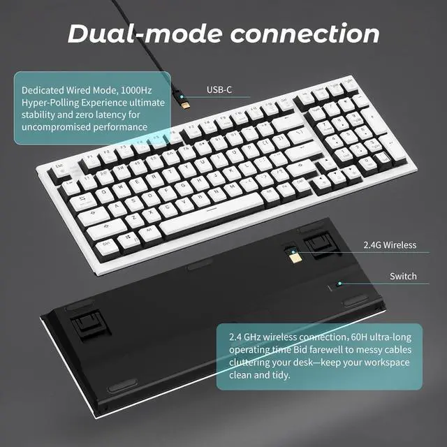 Alt view image 3 of 7 - Hexgears X4 Wireless Mechanica Keyboard, 99-Key Linear Switch White Backlit Gaming Keyboard - NKRO 2.4G/USB-C with Wrist Rest, Pudding Keycaps-White