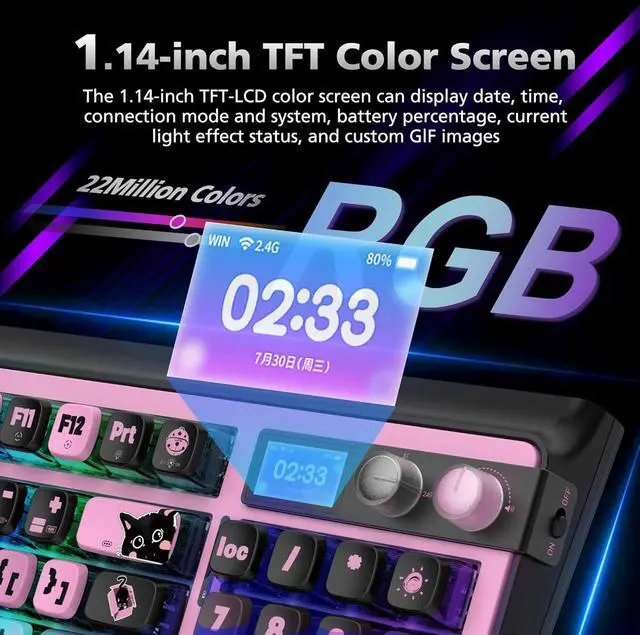 Alt view image 2 of 7 - 98% Mechanical Gaming Keyboard,96 Keys Full Key Rollover Wireless Keyboard Hot Swappable Gasket Structure,Bluetooth,2.4GHz,USB-A to C 3-Mode,with Screen,RGB,PBT Keycaps,for PC Laptop (Black)