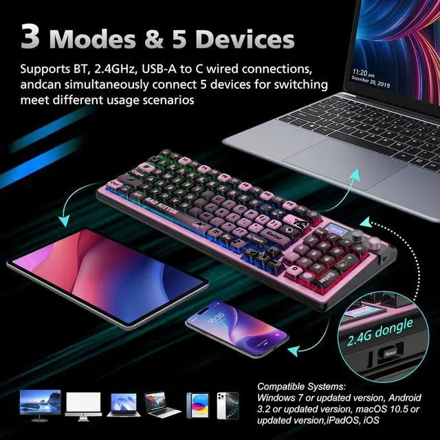 Alt view image 3 of 7 - 98% Mechanical Gaming Keyboard,96 Keys Full Key Rollover Wireless Keyboard Hot Swappable Gasket Structure,Bluetooth,2.4GHz,USB-A to C 3-Mode,with Screen,RGB,PBT Keycaps,for PC Laptop (Black)