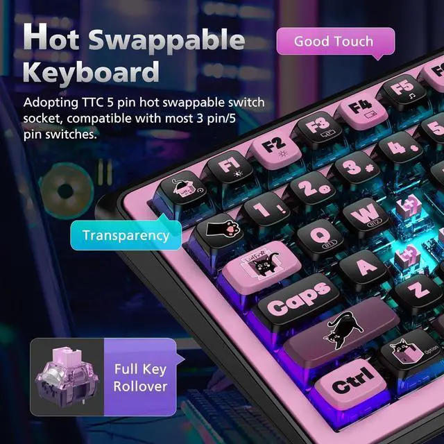 Alt view image 4 of 7 - 98% Mechanical Gaming Keyboard,96 Keys Full Key Rollover Wireless Keyboard Hot Swappable Gasket Structure,Bluetooth,2.4GHz,USB-A to C 3-Mode,with Screen,RGB,PBT Keycaps,for PC Laptop (Black)