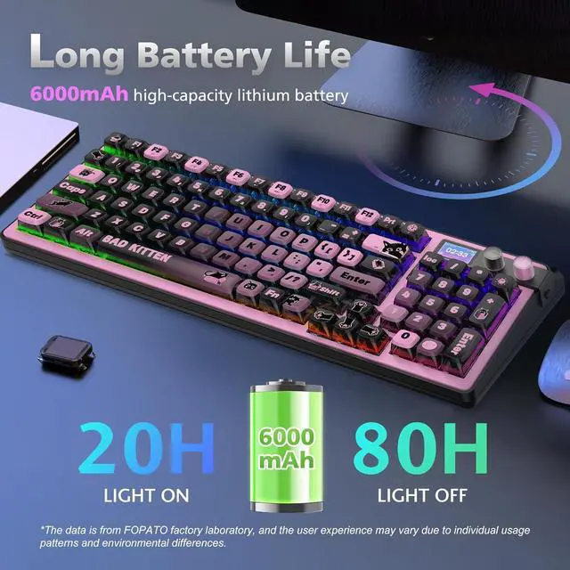 Alt view image 5 of 7 - 98% Mechanical Gaming Keyboard,96 Keys Full Key Rollover Wireless Keyboard Hot Swappable Gasket Structure,Bluetooth,2.4GHz,USB-A to C 3-Mode,with Screen,RGB,PBT Keycaps,for PC Laptop (Black)